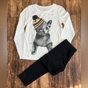 GAP Kids white Cat Long Sleeve and Black Leggings Outfit Set M/L